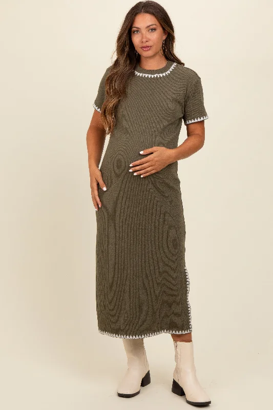 Olive Green Ribbed Embroidered Trim Short Sleeve Maternity Midi Dress Trendy Off-Shoulder Button Midi Dress Olive Green Ribbed Embroidered Trim Short Sleeve Maternity Midi Dress Trendy Off-Shoulder Button Midi Dress