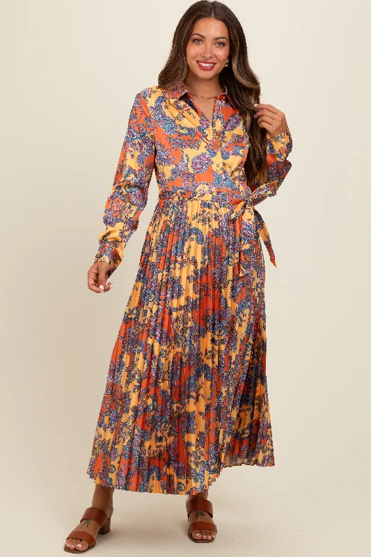 Orange Paisley Print Pleated Button Down Maternity Midi Dress Trendy Bodycon Midi Dress Orange Paisley Print Pleated Button Down Maternity Midi Dress Trendy Bodycon Midi Dress