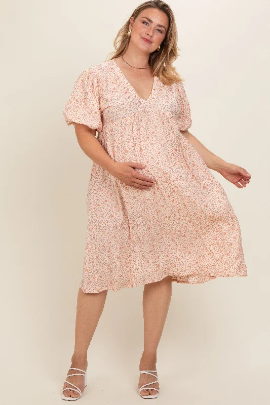 Peach Floral Puff Sleeve Plus Maternity Midi Dress Cozy A-Line Midi Dress