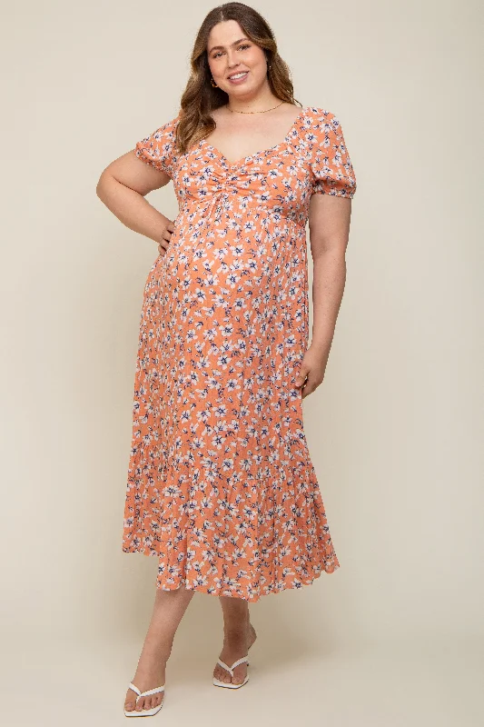 Peach Floral Sweetheart Drawstring Neck Short Sleeve Maternity Plus Midi Dress Elegant Floral Appliqué Midi Dress Peach Floral Sweetheart Drawstring Neck Short Sleeve Maternity Plus Midi Dress Elegant Floral Appliqué Midi Dress