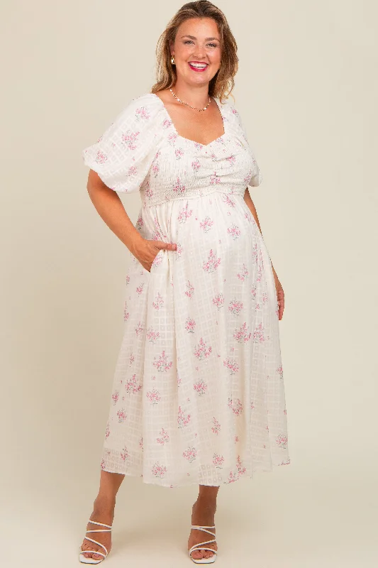 Pink Floral Textured Dot Smocked Sweetheart Neck Maternity Plus Midi Dress Trendy Off-Shoulder Button Midi Dress Pink Floral Textured Dot Smocked Sweetheart Neck Maternity Plus Midi Dress Trendy Off-Shoulder Button Midi Dress