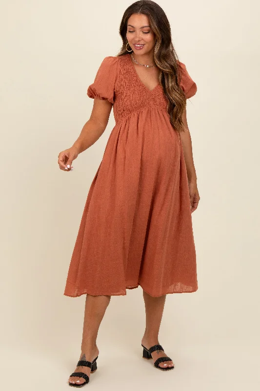 Rust Smocked V-Neck Puff Sleeve Maternity Midi Dress Fashionable High-Neck Midi Dress Rust Smocked V-Neck Puff Sleeve Maternity Midi Dress Fashionable High-Neck Midi Dress