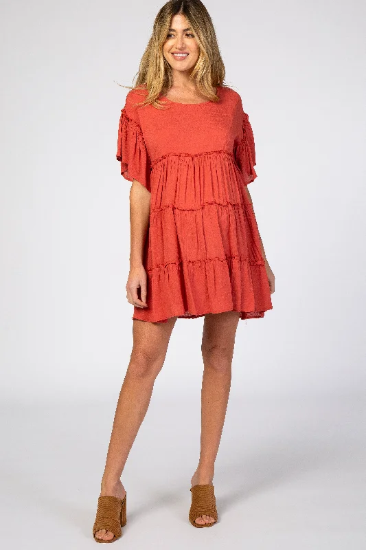 Rust Tiered Maternity Mini Dress Trendy Lace Mini Dress