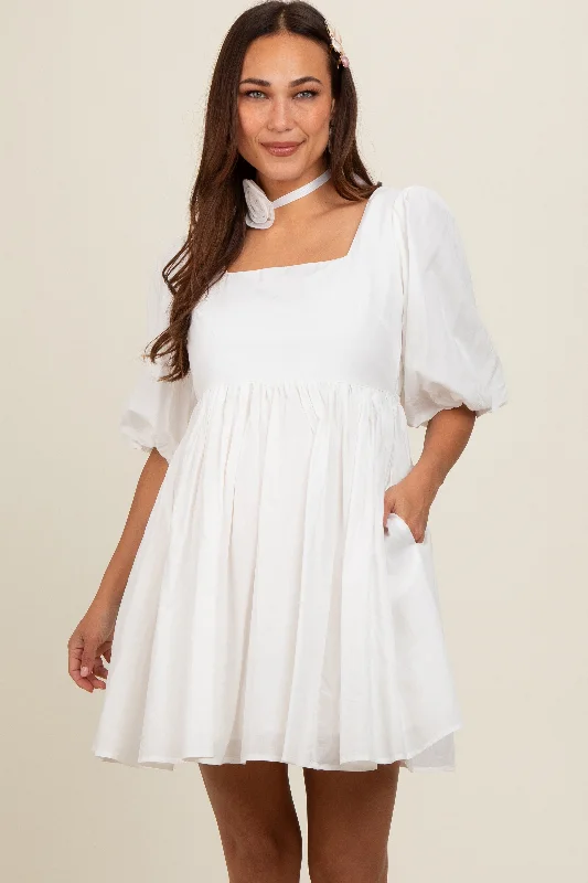 White Babydoll Maternity Mini Dress Cozy Ruched Mini Dress