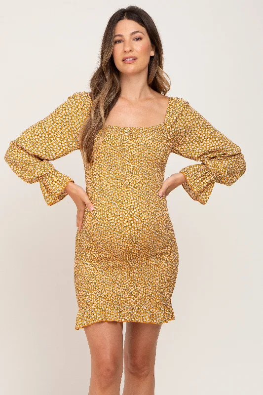 Yellow Ditsy Floral Smocked Long Sleeve Maternity Mini Dress Classic Casual Mini Dress Yellow Ditsy Floral Smocked Long Sleeve Maternity Mini Dress Classic Casual Mini Dress