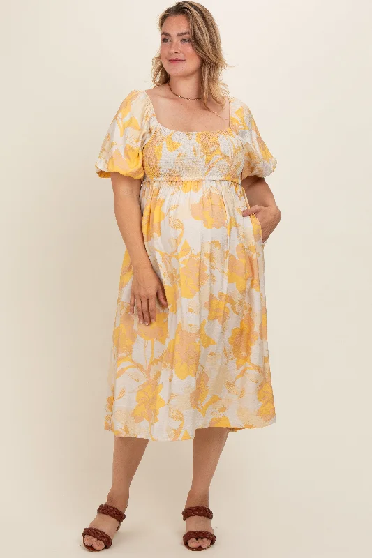 Yellow Floral Square Neck Smocked Short Puff Sleeve Maternity Plus Midi Dress Fashionable Off-Shoulder Dress Midi Yellow Floral Square Neck Smocked Short Puff Sleeve Maternity Plus Midi Dress Fashionable Off-Shoulder Dress Midi