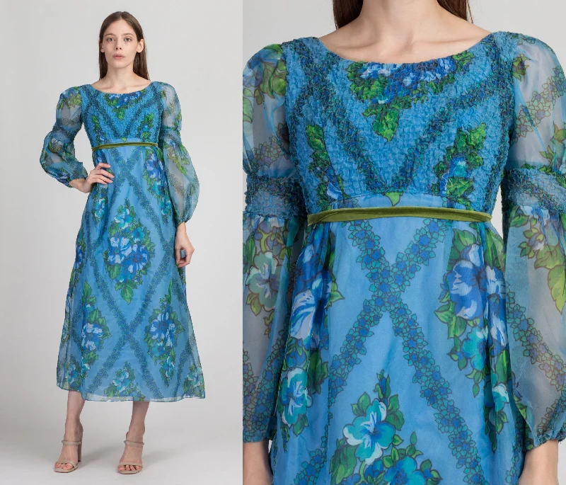 60s Blue Floral Juliet Sleeve Maxi Dress - Petite XS Fashionable Chiffon Tiered Maxi Dress 60s Blue Floral Juliet Sleeve Maxi Dress - Petite XS Fashionable Chiffon Tiered Maxi Dress