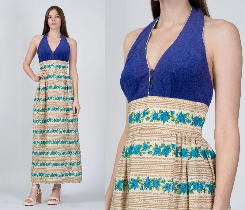 70s Candi Jones Floral Halter Maxi Dress - Extra Small Comfortable Pleated Maxi Dress 70s Candi Jones Floral Halter Maxi Dress - Extra Small Comfortable Pleated Maxi Dress