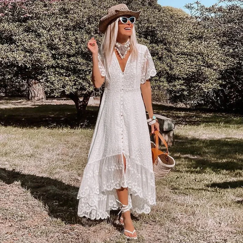 2024 Bohemian Spaghetti Strap Floral Lace Beach Maxi Dress Elegant Maxi Dress with Slit 2024 Bohemian Spaghetti Strap Floral Lace Beach Maxi Dress Elegant Maxi Dress with Slit