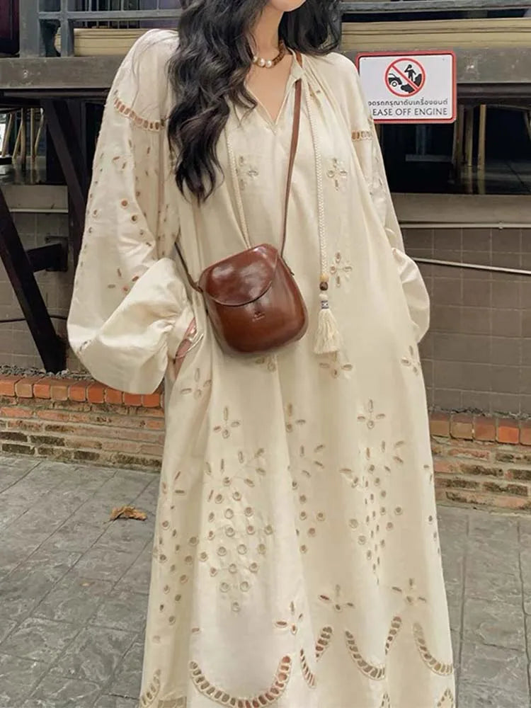 2024 Korean Style Vintage Long Sleeve V-Neck Boho Hollow Out Maxi Dress Elegant Floral Maxi Dress 2024 Korean Style Vintage Long Sleeve V-Neck Boho Hollow Out Maxi Dress Elegant Floral Maxi Dress