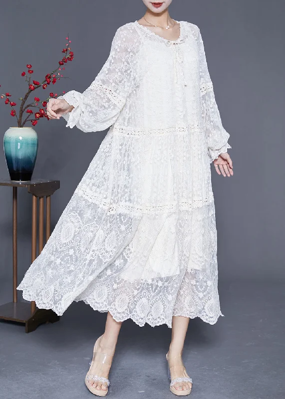 Bohemian White Embroideried Patchwork Hollow Out Lace Maxi Dress Lantern Sleeve Comfortable Bohemian Maxi Dress Bohemian White Embroideried Patchwork Hollow Out Lace Maxi Dress Lantern Sleeve Comfortable Bohemian Maxi Dress