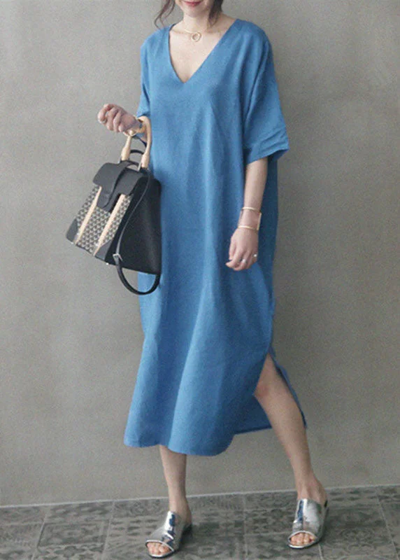 Chic Blue V Neck Patchwork Side Open Linen Maxi Dress Summer Classic Black Maxi Dress Chic Blue V Neck Patchwork Side Open Linen Maxi Dress Summer Classic Black Maxi Dress