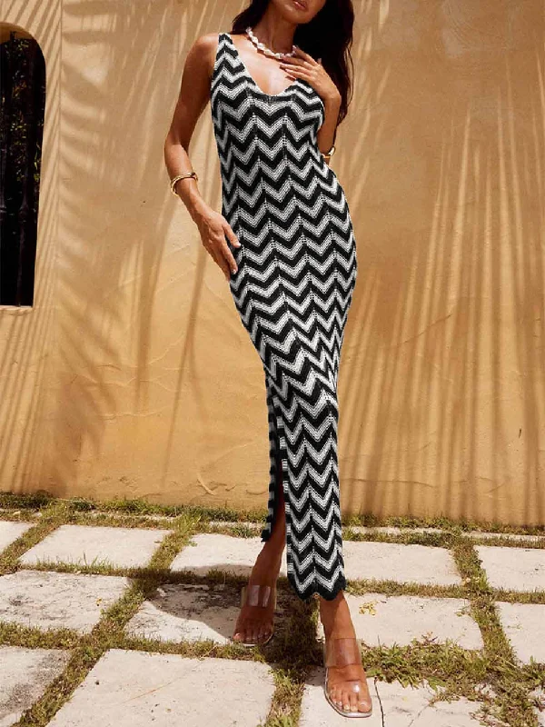 Summer V-Neck Striped Crochet Graceful Slit Sexy Maxi Dress Stylish Off-Shoulder Maxi Dress Summer V-Neck Striped Crochet Graceful Slit Sexy Maxi Dress Stylish Off-Shoulder Maxi Dress