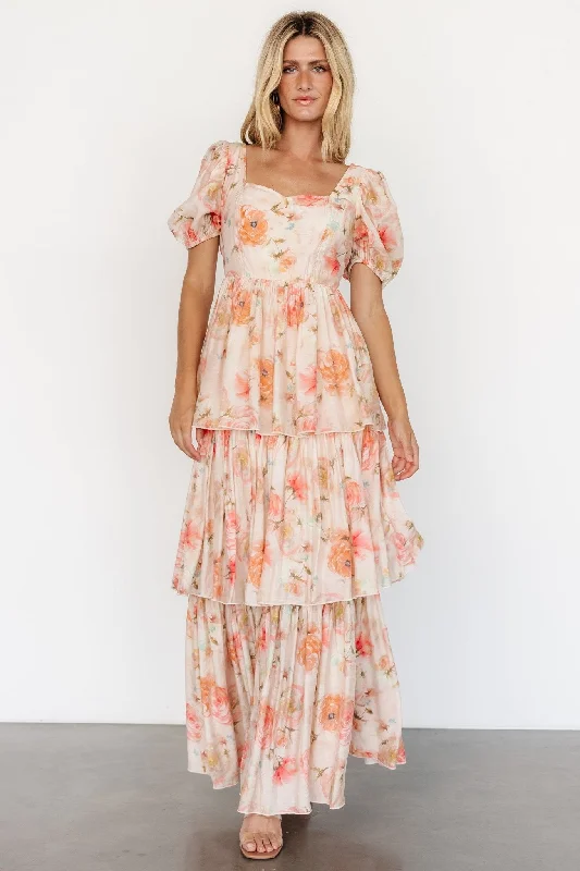 Cozette Tiered Maxi Dress | Blush Floral Trendy Maxi Dress with Straps