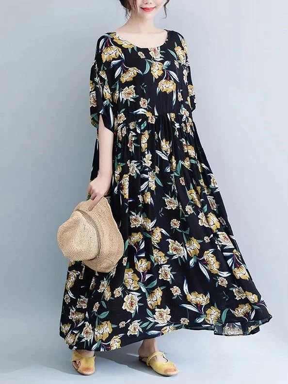 French o neck Cinched chiffon Tunics Runway black print Maxi Dresses Stylish Maxi Dress with Frills French o neck Cinched chiffon Tunics Runway black print Maxi Dresses Stylish Maxi Dress with Frills