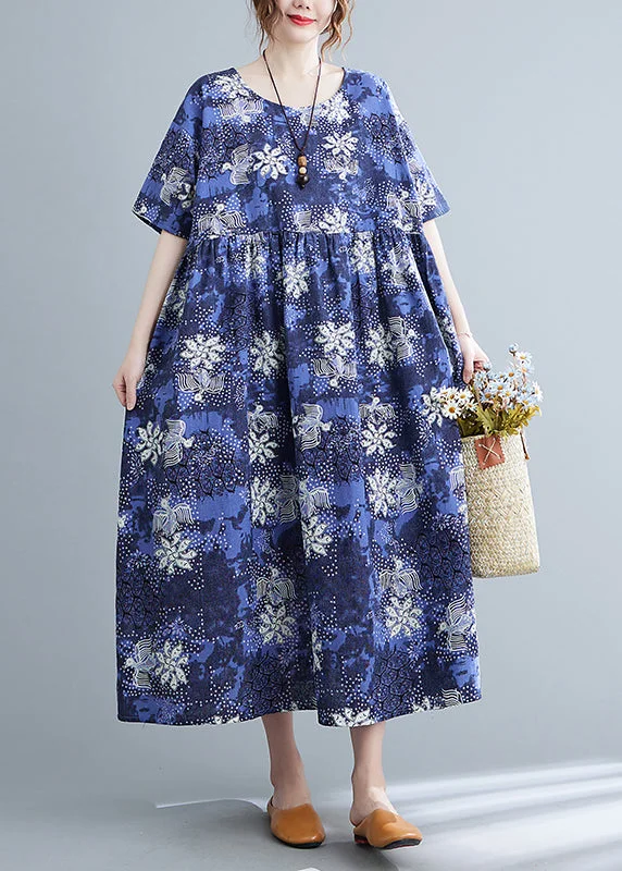 Italian Blue O-Neck Cinched Print Maxi Dresses Short Sleeve Trendy Maxi Dress with Lace Italian Blue O-Neck Cinched Print Maxi Dresses Short Sleeve Trendy Maxi Dress with Lace