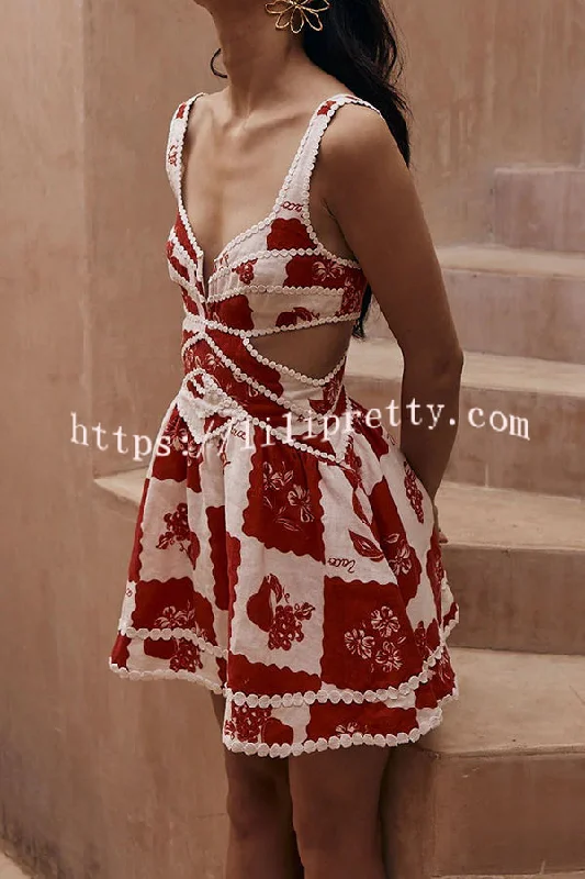 Lucia Linen Blend Ric Rac Trims Unique Print Cutout Pocketed Mini Dress Trendy Tulle Mini Dress