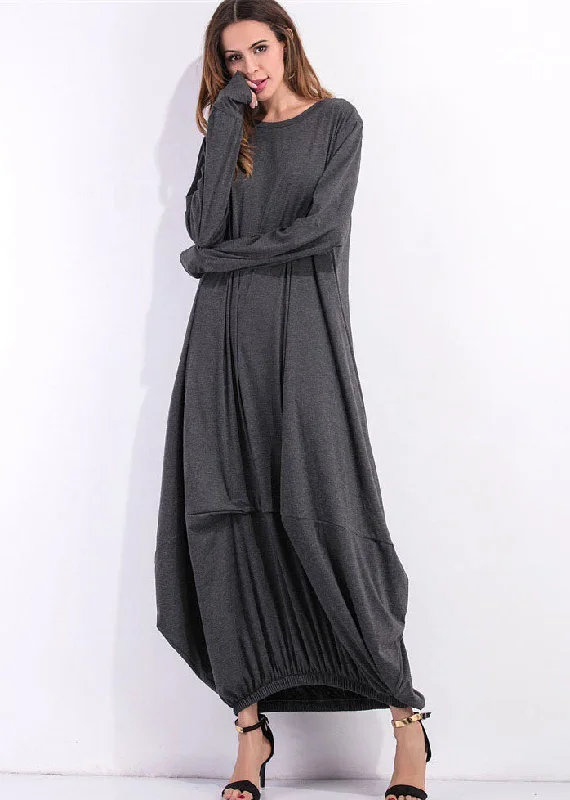Loose Grey O Neck Asymmetrical Design Cotton Maxi Dress Spring Stylish Pleated A-Line Maxi Dress Loose Grey O Neck Asymmetrical Design Cotton Maxi Dress Spring Stylish Pleated A-Line Maxi Dress