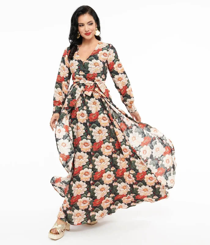 Unique Vintage 1970s White & Red Floral Farrah Maxi Dress Stylish Maxi Dress with Frills Unique Vintage 1970s White & Red Floral Farrah Maxi Dress Stylish Maxi Dress with Frills