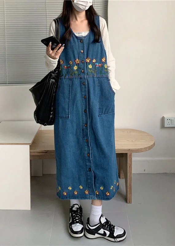 Vintage Black Slash Neck Embroidered Patchwork Button Denim Maxi Dress Sleeveless Fashionable Sleeveless Maxi Dress Vintage Black Slash Neck Embroidered Patchwork Button Denim Maxi Dress Sleeveless Fashionable Sleeveless Maxi Dress