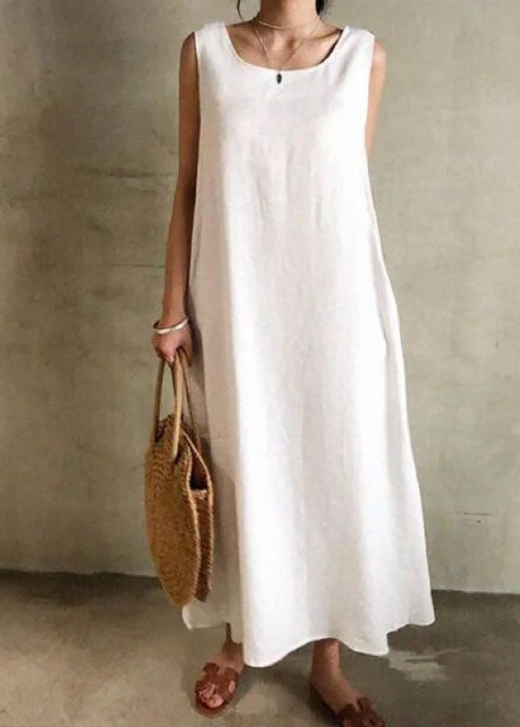 Women White O Neck Patchwork Cotton Maxi Dress Sleeveless Elegant Maxi Dress with Slit Women White O Neck Patchwork Cotton Maxi Dress Sleeveless Elegant Maxi Dress with Slit