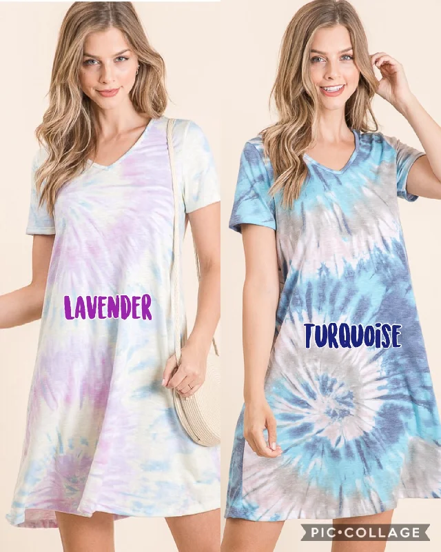 TIE DYE PRINT SLUB JERSEY V NECK MINI DRESS - LAVENDER or TURQUOISE Classic White Mini Dress