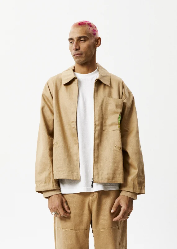 AFENDS Unisex Sleepy Hollow - Unisex Twill Carpenter Jacket - Tan Boat Neck Shawl Collar Notched Collar AFENDS Unisex Sleepy Hollow - Unisex Twill Carpenter Jacket - Tan Boat Neck Shawl Collar Notched Collar