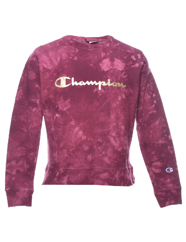 Champion Tie-dye Printed Plum & Gold Sweatshirt - S Hoodie with Hem Ribbing Snug Secure Champion Tie-dye Printed Plum & Gold Sweatshirt - S Hoodie with Hem Ribbing Snug Secure