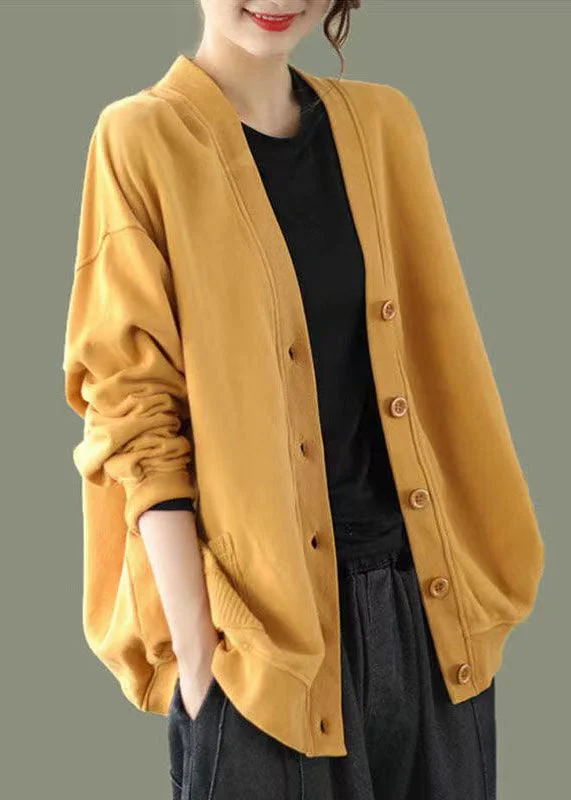 Elegant Yellow V Neck Button Patchwork Warm Fleece Sweatshirt Coat Fall Hoodie with Raw Hem Edgy Unfinished Elegant Yellow V Neck Button Patchwork Warm Fleece Sweatshirt Coat Fall Hoodie with Raw Hem Edgy Unfinished