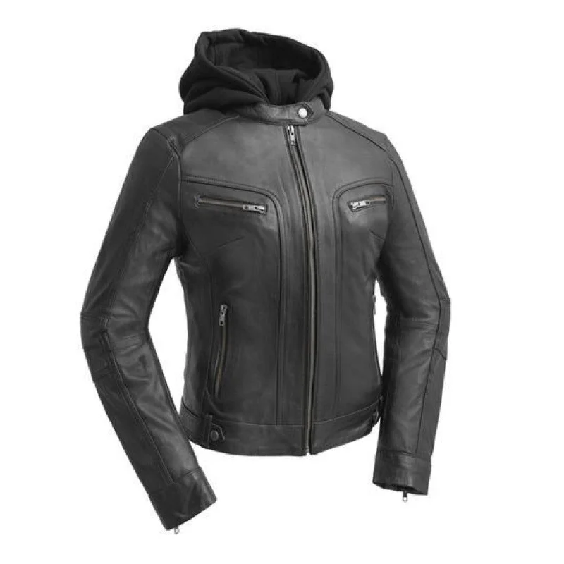 First Manufacturing April - Women's Leather Jacket, Black Hooded Jacket Caped Jacket Shawl Collar Jacket