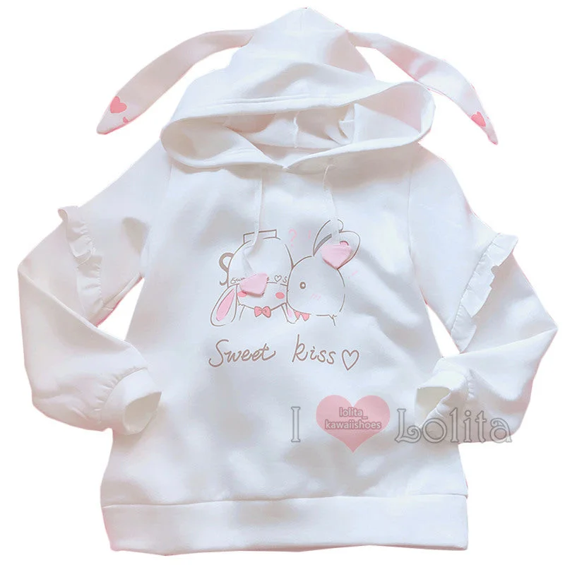 Kawaii Bunny Sweet Kiss With Long Ears Hoodie YV2376 Hoodie with Strings Custom Fit Adjustable