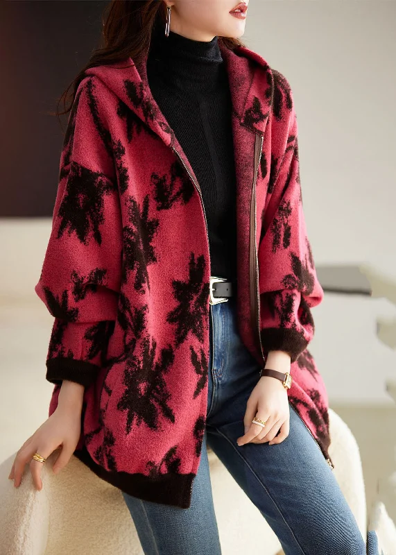 Modern Rose Print Zippered Thick Woolen Hoodies Coat Fall Hoodie with Ribbed Hem Stretchable Secure Modern Rose Print Zippered Thick Woolen Hoodies Coat Fall Hoodie with Ribbed Hem Stretchable Secure