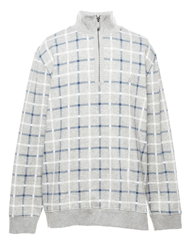 Nautica Checked Light Blue, Grey & White Printed Sweatshirt - XL Hoodie with Hem Fringe Bohemian Relaxed Nautica Checked Light Blue, Grey & White Printed Sweatshirt - XL Hoodie with Hem Fringe Bohemian Relaxed