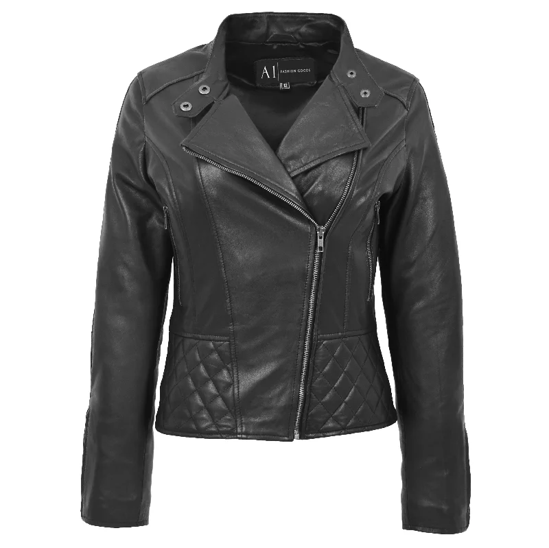 Trendy Black Leather Biker Jacket For Women Quilted Fitted Band Collar Penny Chenille Fabric Brocade Fabric Lace Fabric Trendy Black Leather Biker Jacket For Women Quilted Fitted Band Collar Penny Chenille Fabric Brocade Fabric Lace Fabric
