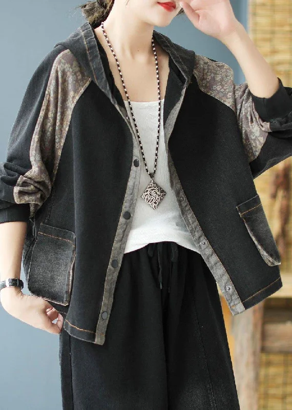 Women Black Print Patchwork Loose Fall Denim Hoodie Coat Hoodie with Metallic Shiny Futuristic Women Black Print Patchwork Loose Fall Denim Hoodie Coat Hoodie with Metallic Shiny Futuristic