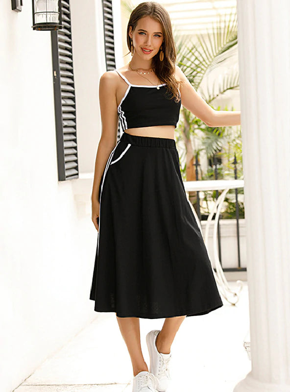 BLACK STRAP SLEEVELESS SEXY SUIT SKIRT chiffon skirt flowing