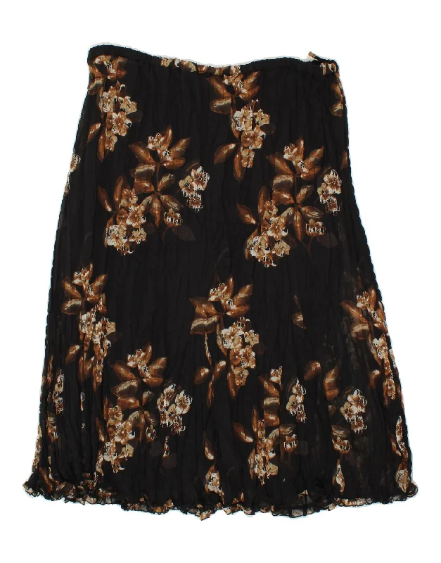 ANN HARVEY Womens A-Line Skirt UK 24 4XL W48 Black Floral Polyester silk skirt lustrous