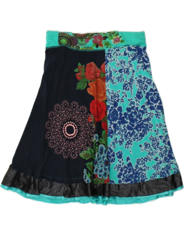 DESIGUAL Womens A-Line Skirt UK 14 Medium W30  Navy Blue Floral Cotton wool skirt warm