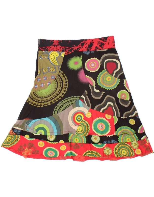 DESIGUAL Womens Graphic A-Line Skirt Large W34  Black Colourblock Cotton high slit skirt