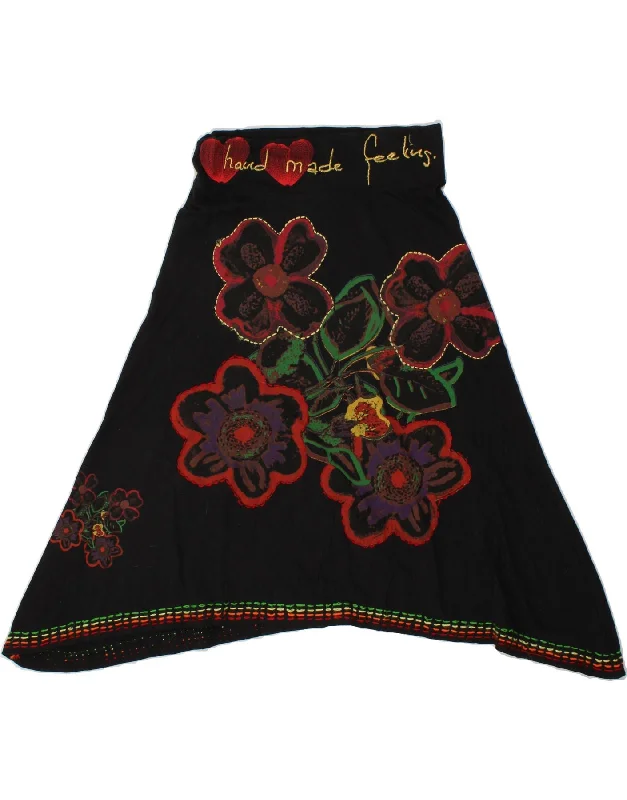 DESIGUAL Womens Graphic Asymmetrical Skirt Small W26 Black Floral Cotton lace skirt intricate