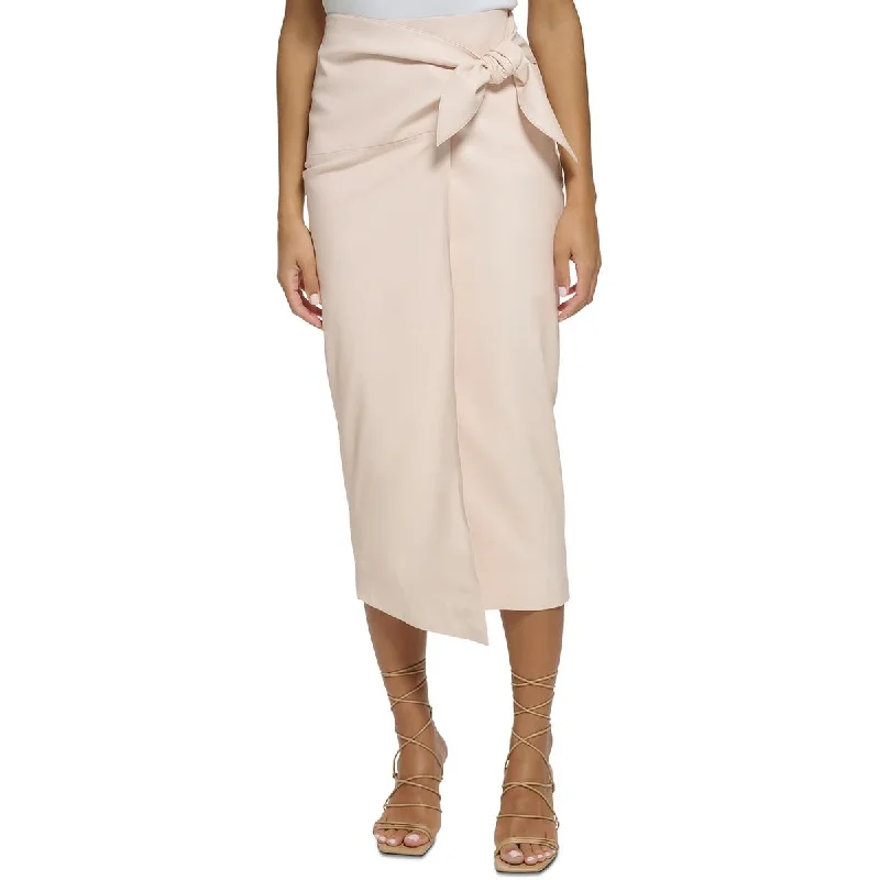 Donna Karan Womens Vegan Leather Bow Midi Skirt chiffon skirt floaty