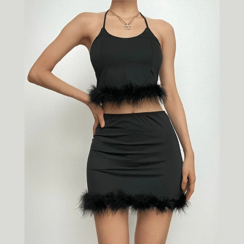 Feather solid backless tube mini skirt set leather skirt modern