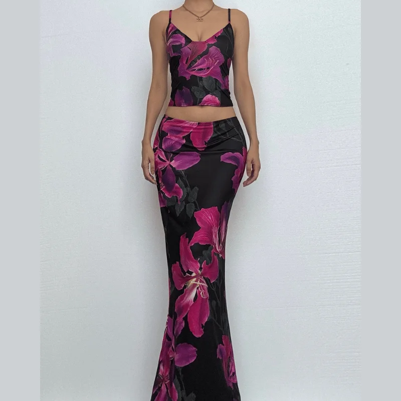 Flower print v neck contrast cami maxi skirt set chiffon skirt delicate