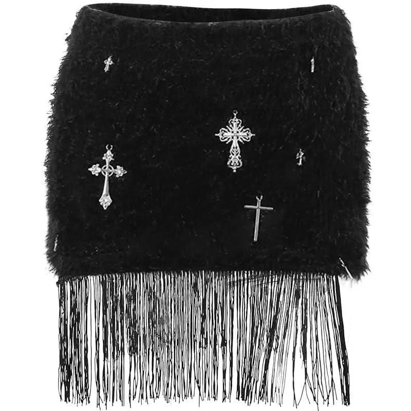 Fluffy cross pendant tassels mini skirt zip skirt side