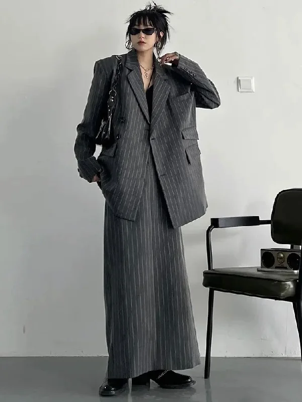 Gray Maxi Skirt Striped Oversized Women's Blazer Two Pieces Suit denim skirt casual