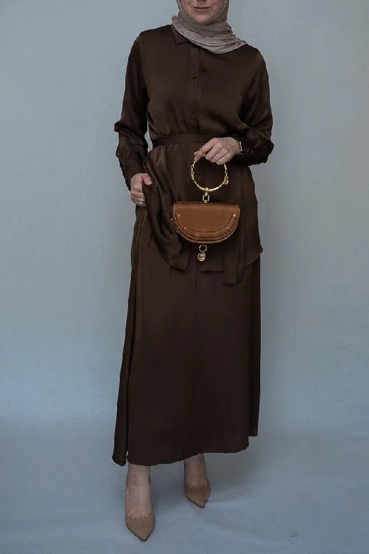 Hattei Blouse Skirt Modest set maxi skirt with elasticated waistband maxi sleeve buttoned shirt with a detachable belt in coffee brown leather skirt modern