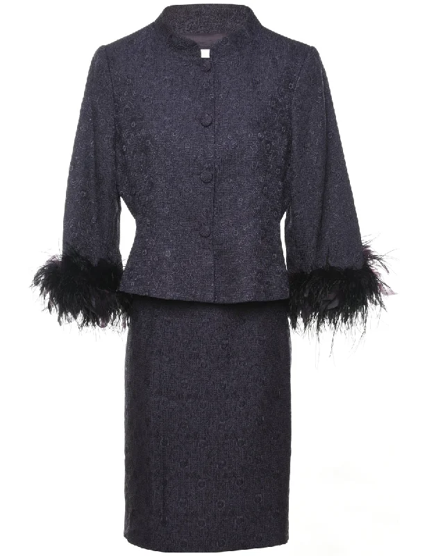 Jacquard Purple Feather Trim Jacket & Skirt Set - L ribbed skirt waist