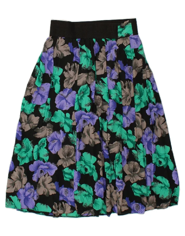 LIBRA Womens Pleated A-Line Skirt UK 16 Large W32  Black Floral Viscose linen skirt relaxed