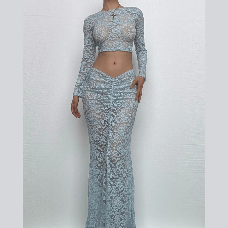 Long sleeve lace see through crop maxi skirt set corduroy skirt durable