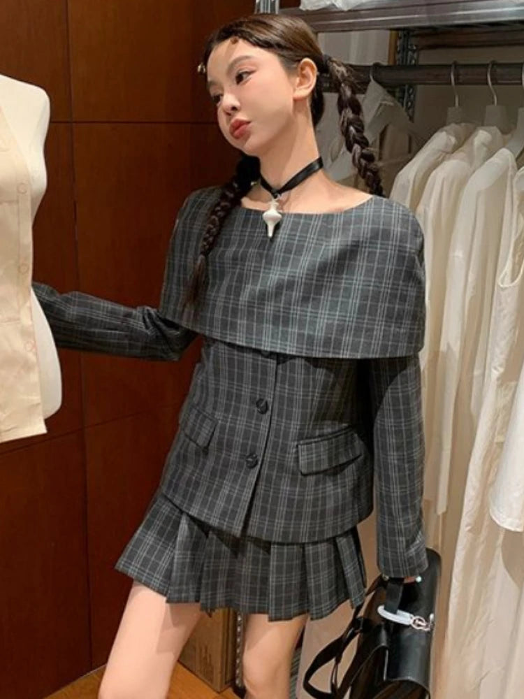 Lunivop Plaid Two-piece Suit Women Harajuku Slash Neck Vintage Single Breasted Overcoat Girls Sweet Pleated Grunge Skirts relaxed fit skirt